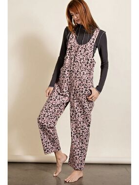 Easel Sleeveless Pink Leopard Print Straight Leg Overalls. Size SMALL